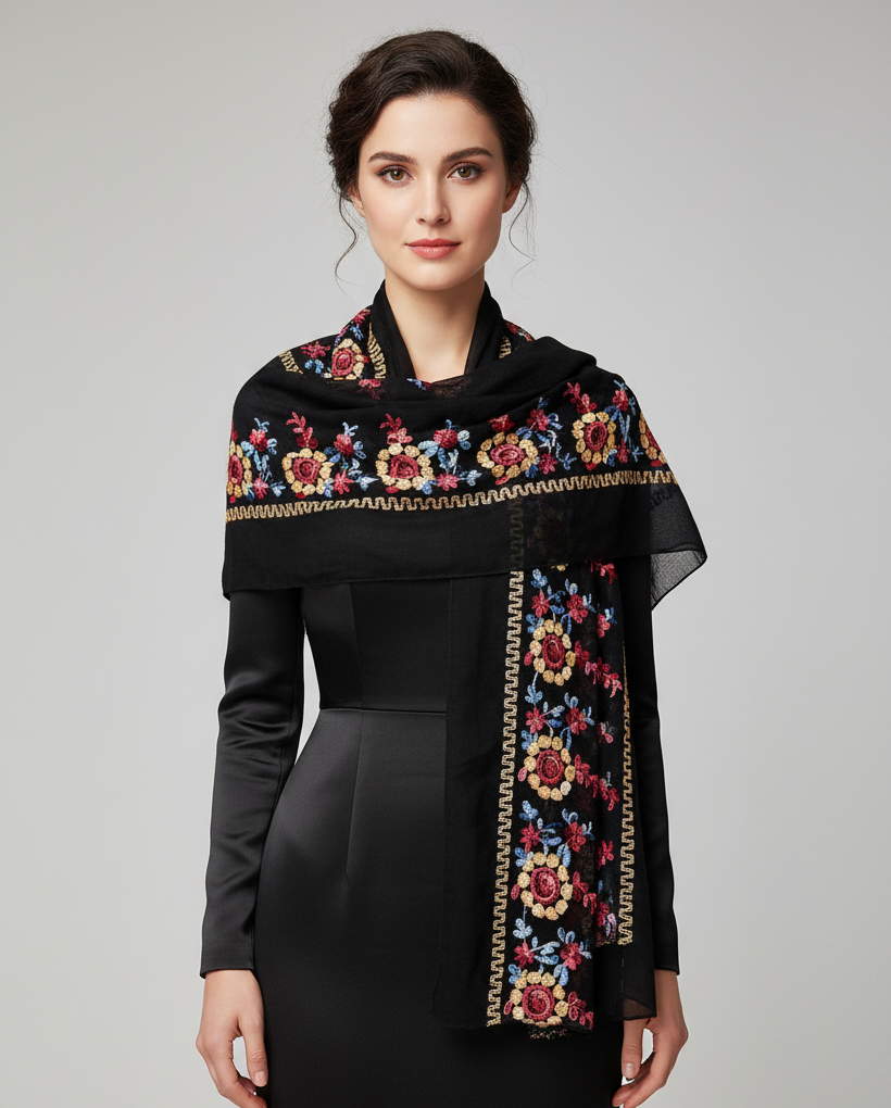 Lifestyle image - woman wearing black embroidered floral shawl