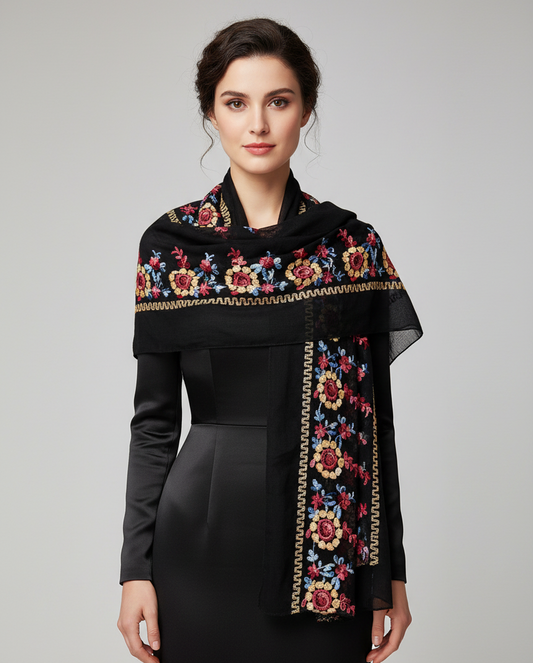 Lifestyle image - woman wearing black embroidered floral shawl