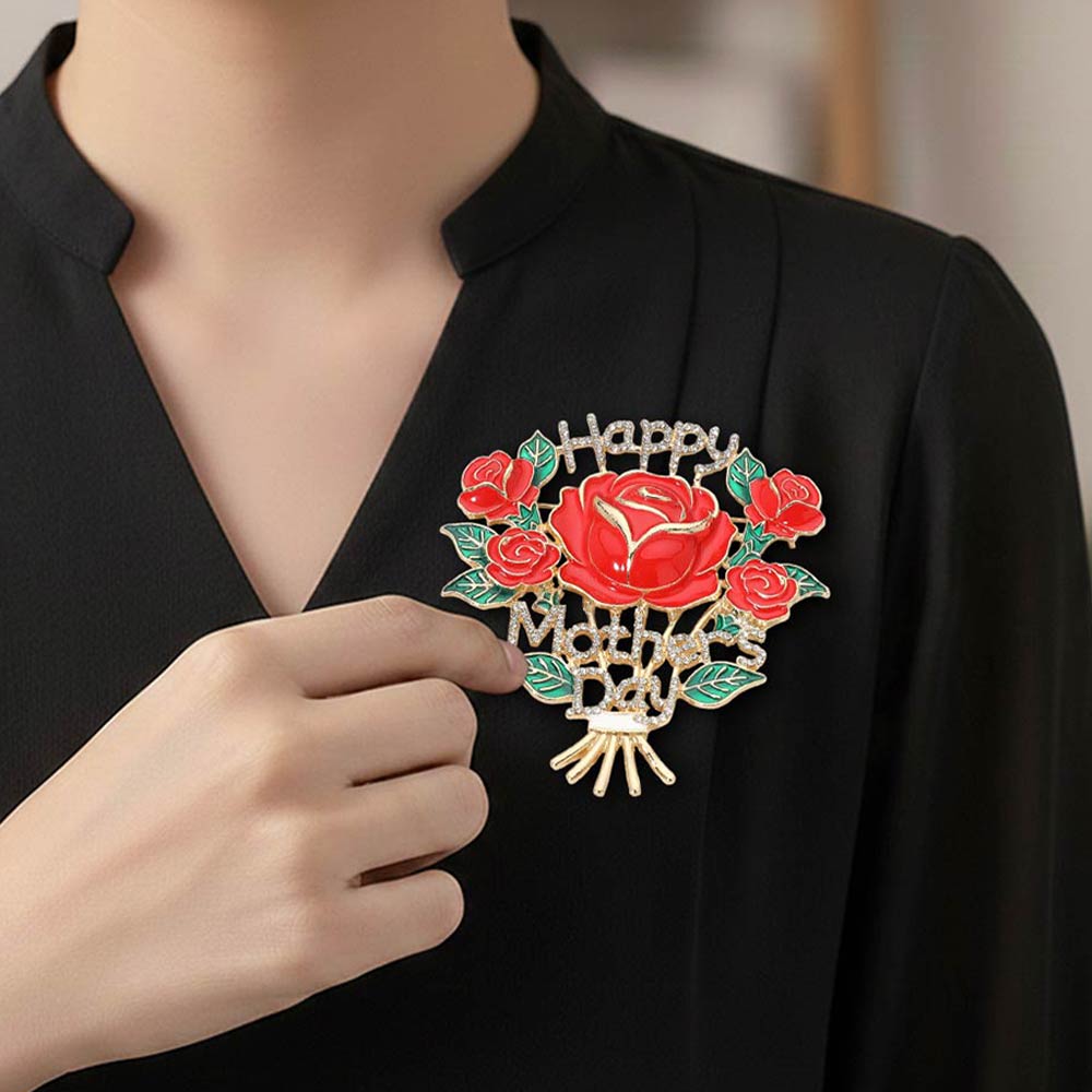 Happy Mothers Day Rose Flower Bouquet Brooch Pearl Enamel Gold Statement Pin