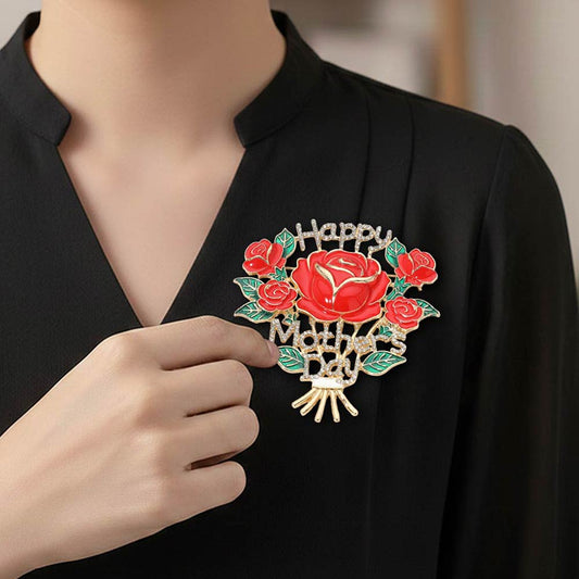 Happy Mothers Day Rose Flower Bouquet Brooch Pearl Enamel Gold Statement Pin