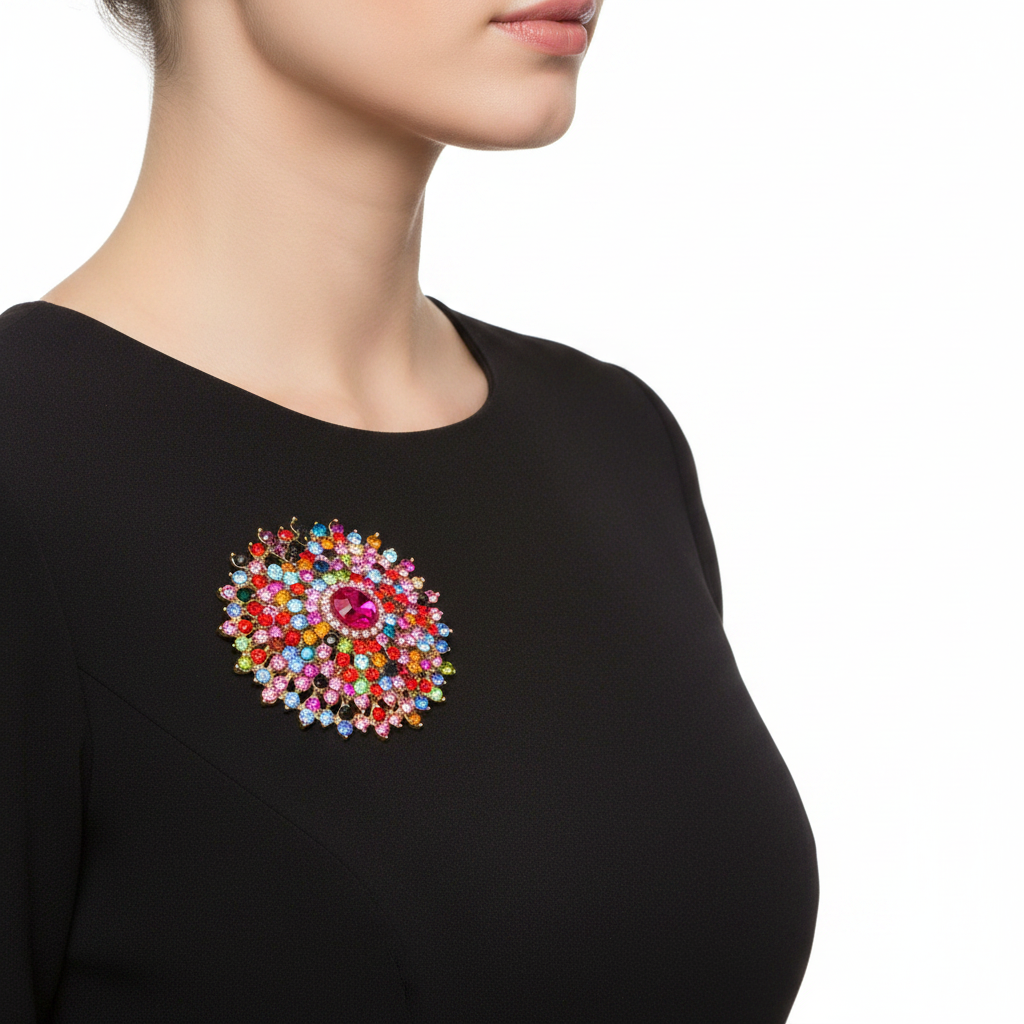 Multi-Color Sunburst Brooch on Evening Gown
