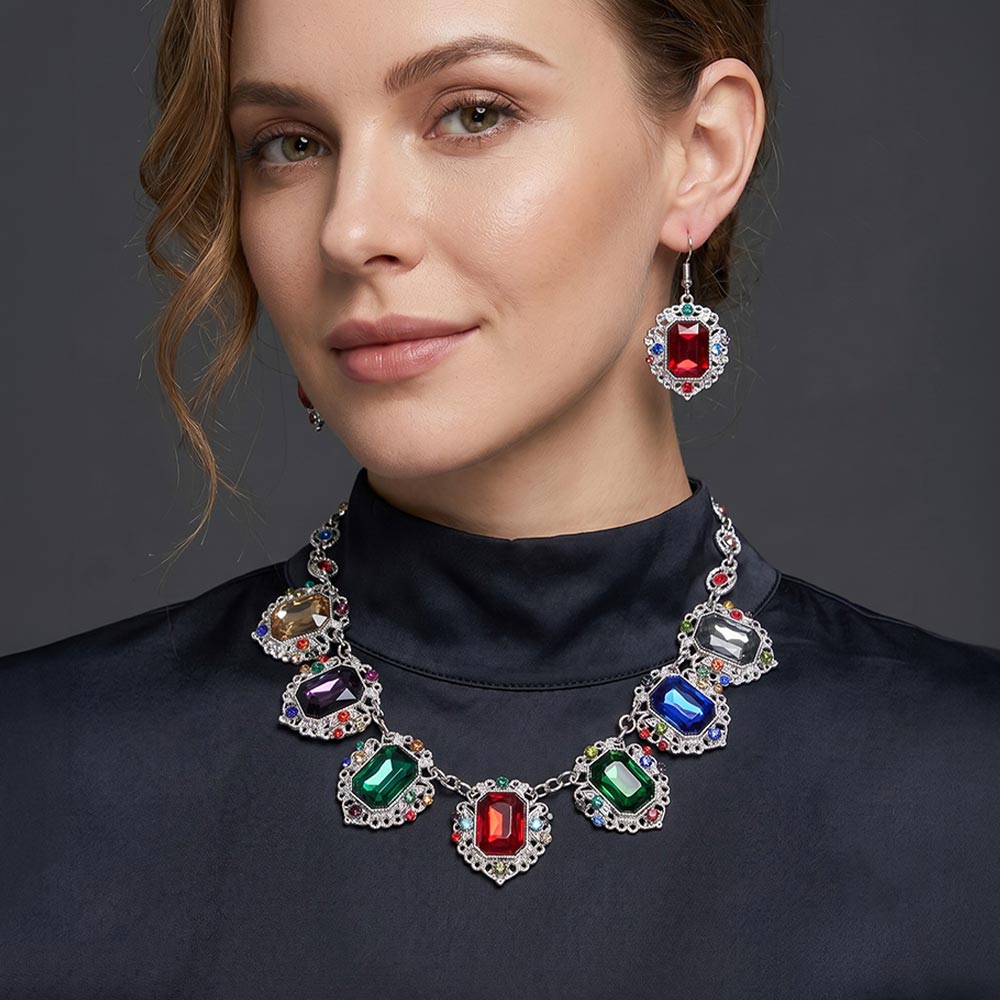 Victorian Style Rectangle Stone Cluster Link Station Necklace Vintage Inspired Statement Jewelry