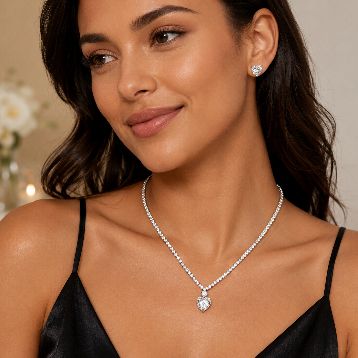 CZ Crystal Heart Pendant Necklace & Stud Earring Set
