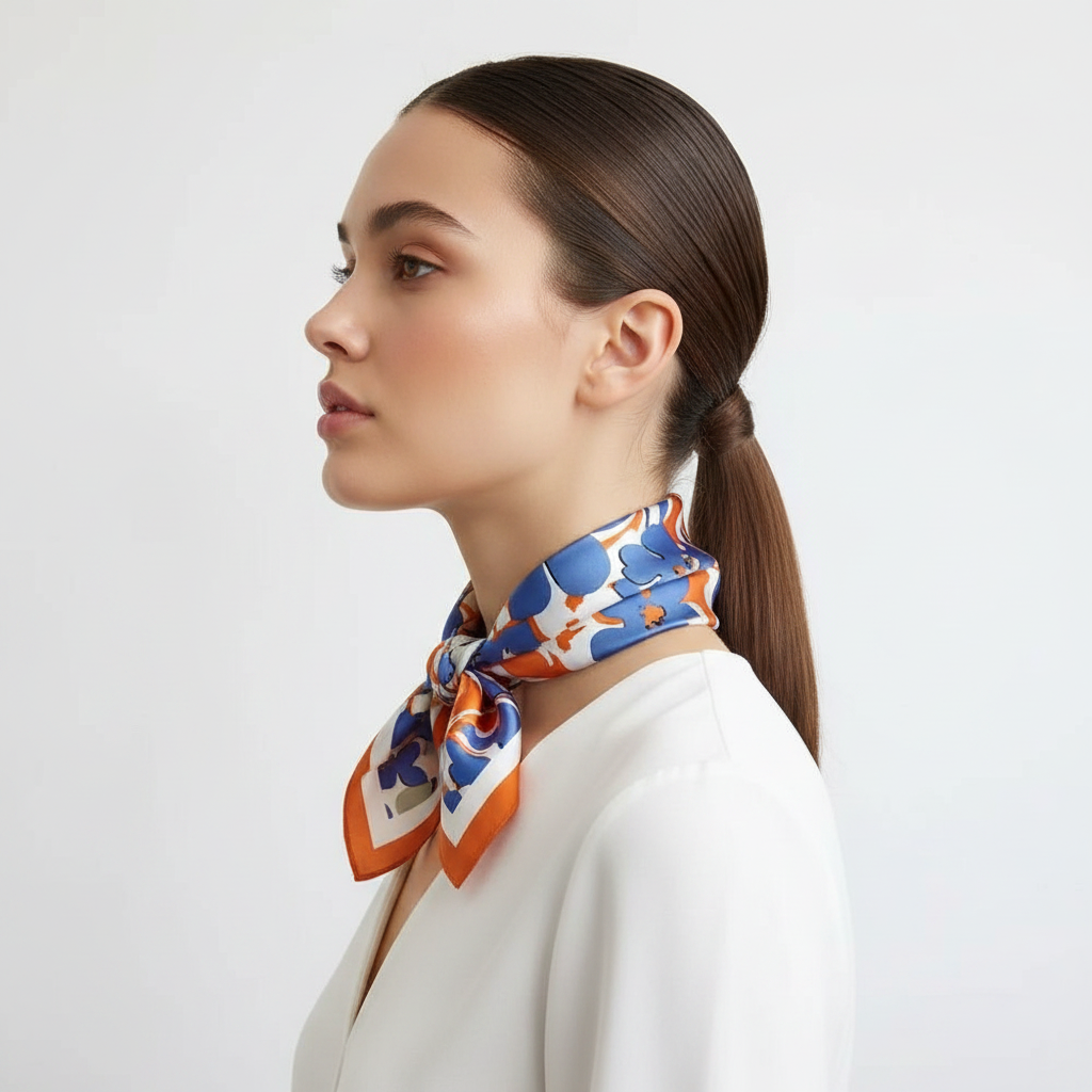 Orange Blue Floral Scarf – Side Lifestyle