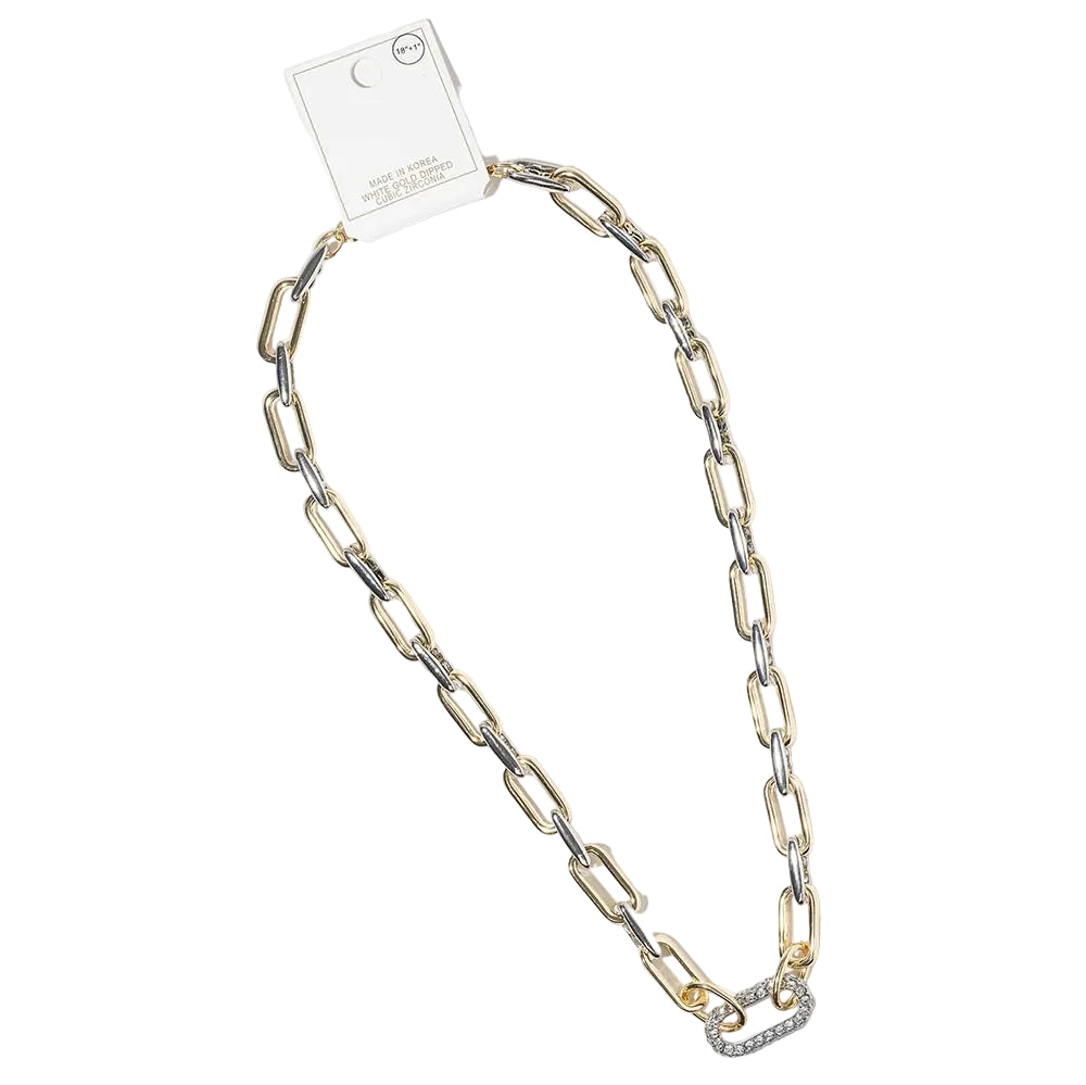 Gold Dipped Two Tone CZ Paved Linear Accent Chunky Paperclip Chain Necklace Statement Link Jewelry
