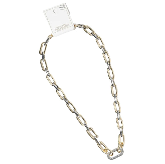Gold Dipped Two Tone CZ Paved Linear Accent Chunky Paperclip Chain Necklace Statement Link Jewelry