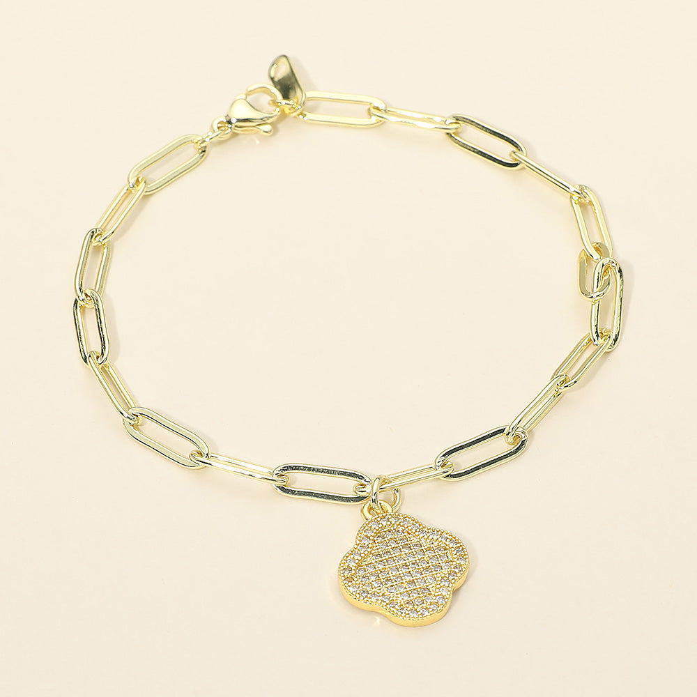 Stainless Steel Quatrefoil Charm Paperclip Chain Bracelet Rhinestone Pavé Stackable Minimalist Jewelry