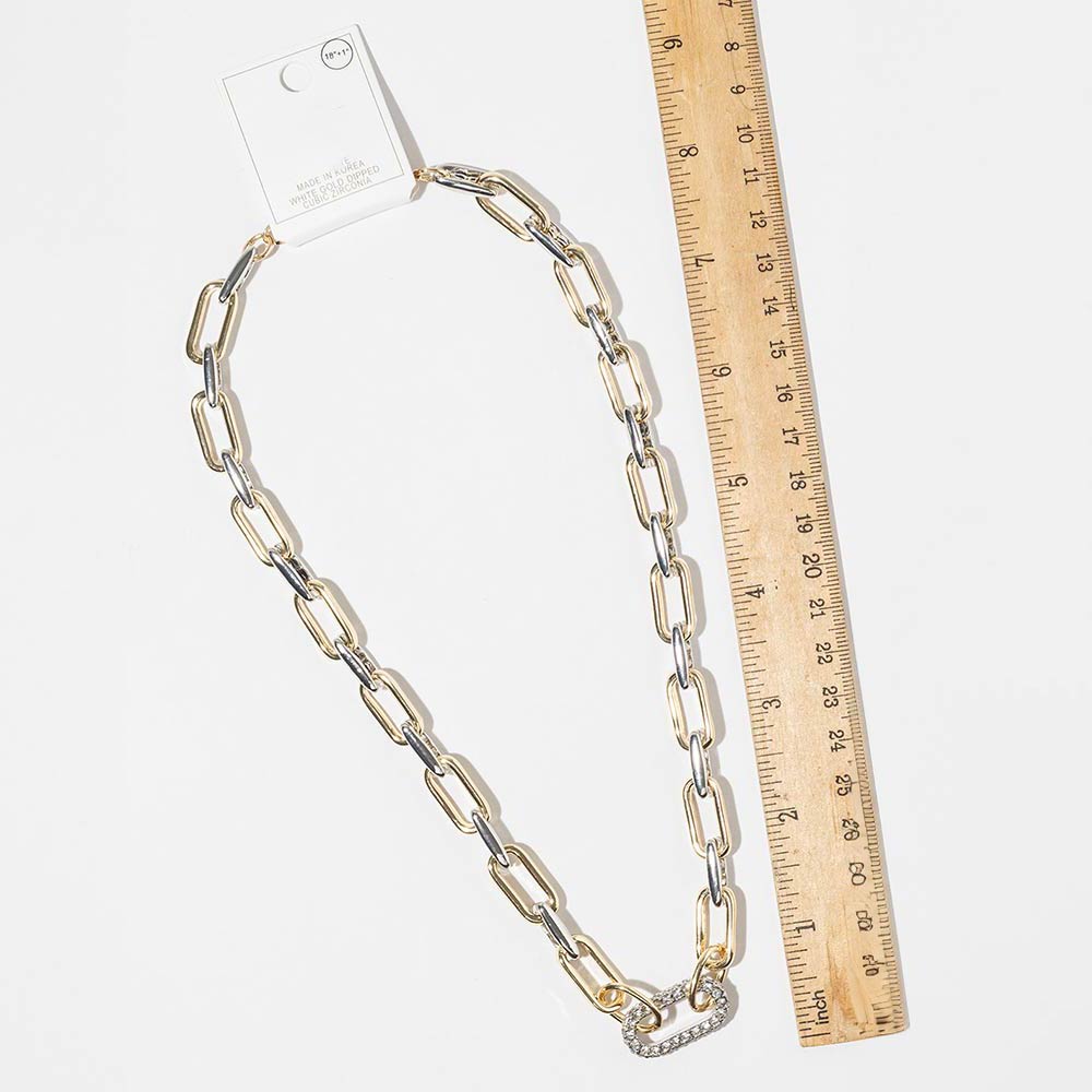 Gold Dipped Two Tone CZ Paved Linear Accent Chunky Paperclip Chain Necklace Statement Link Jewelry