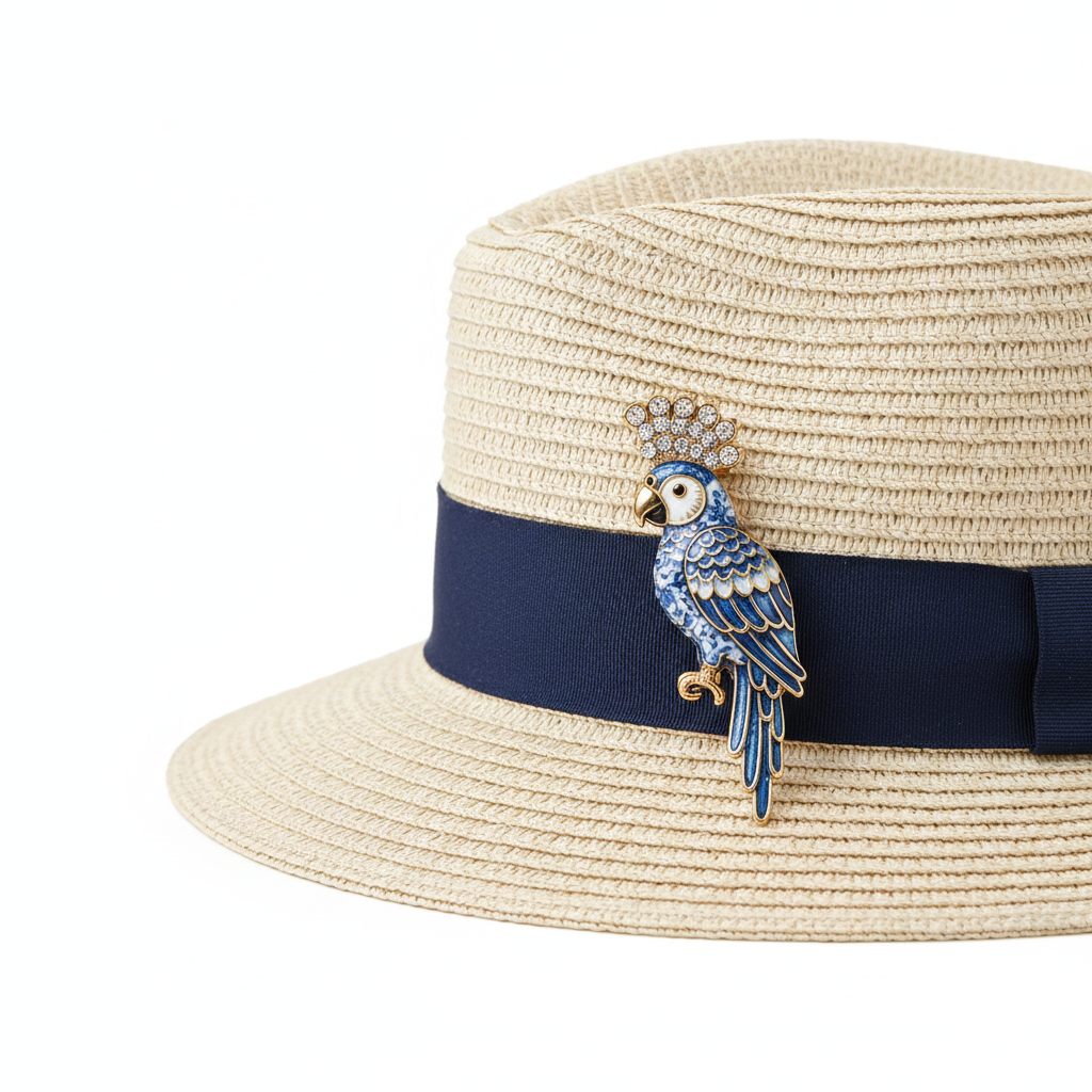 Parrot brooch on fedora hat – side