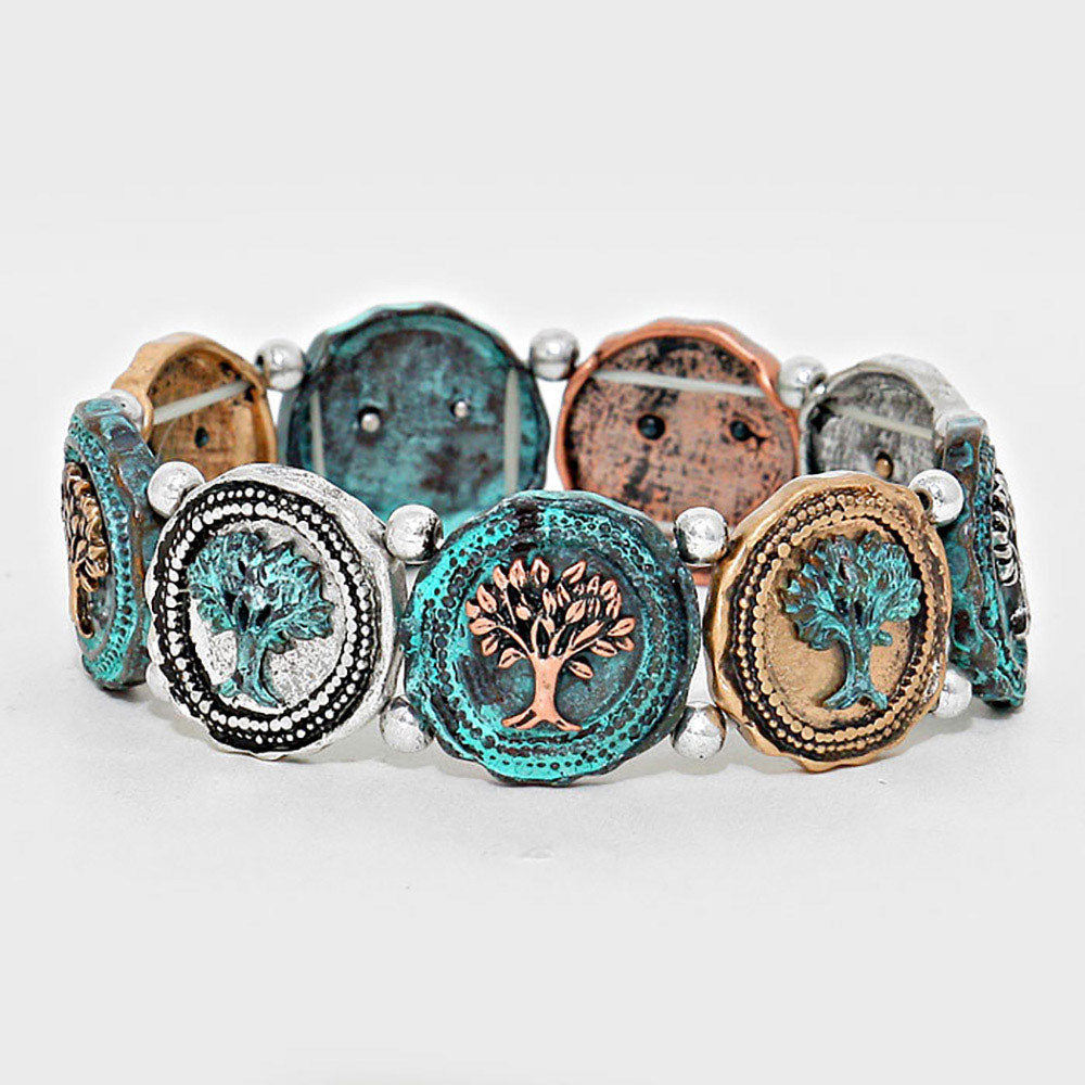 Vintage Rustic Tree of Life Metal Charm Engraved Stretch Bracelet for Women