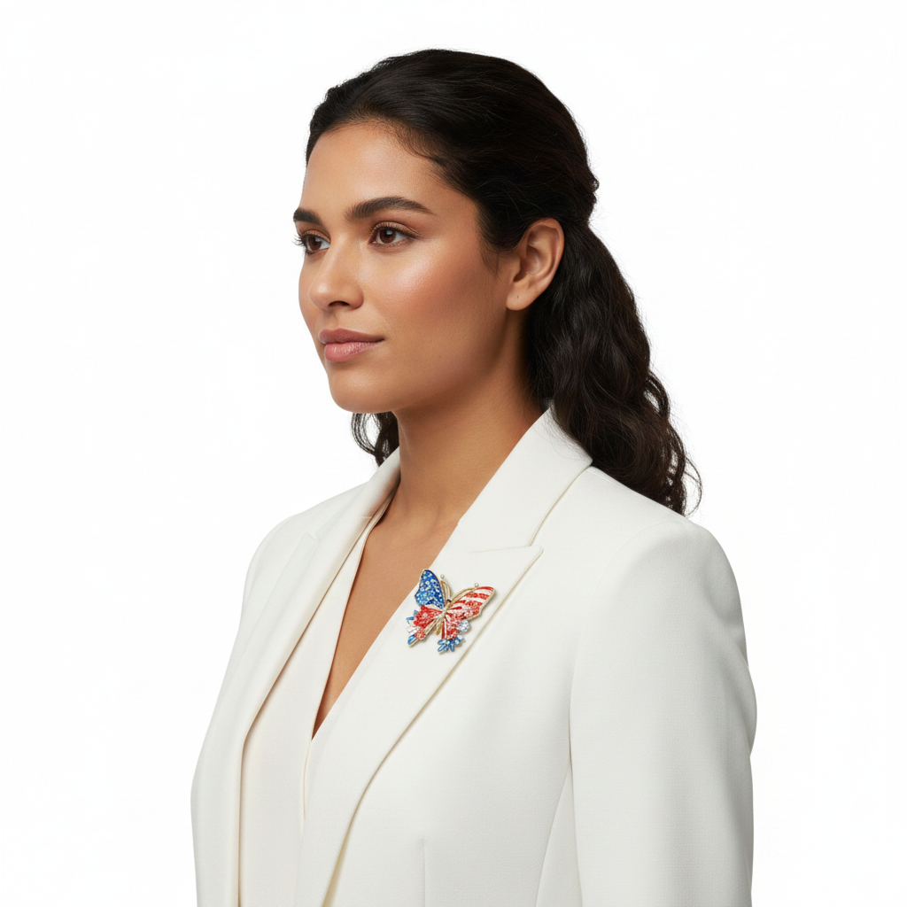 Patriotic Butterfly Brooch – Side View on White Blazer