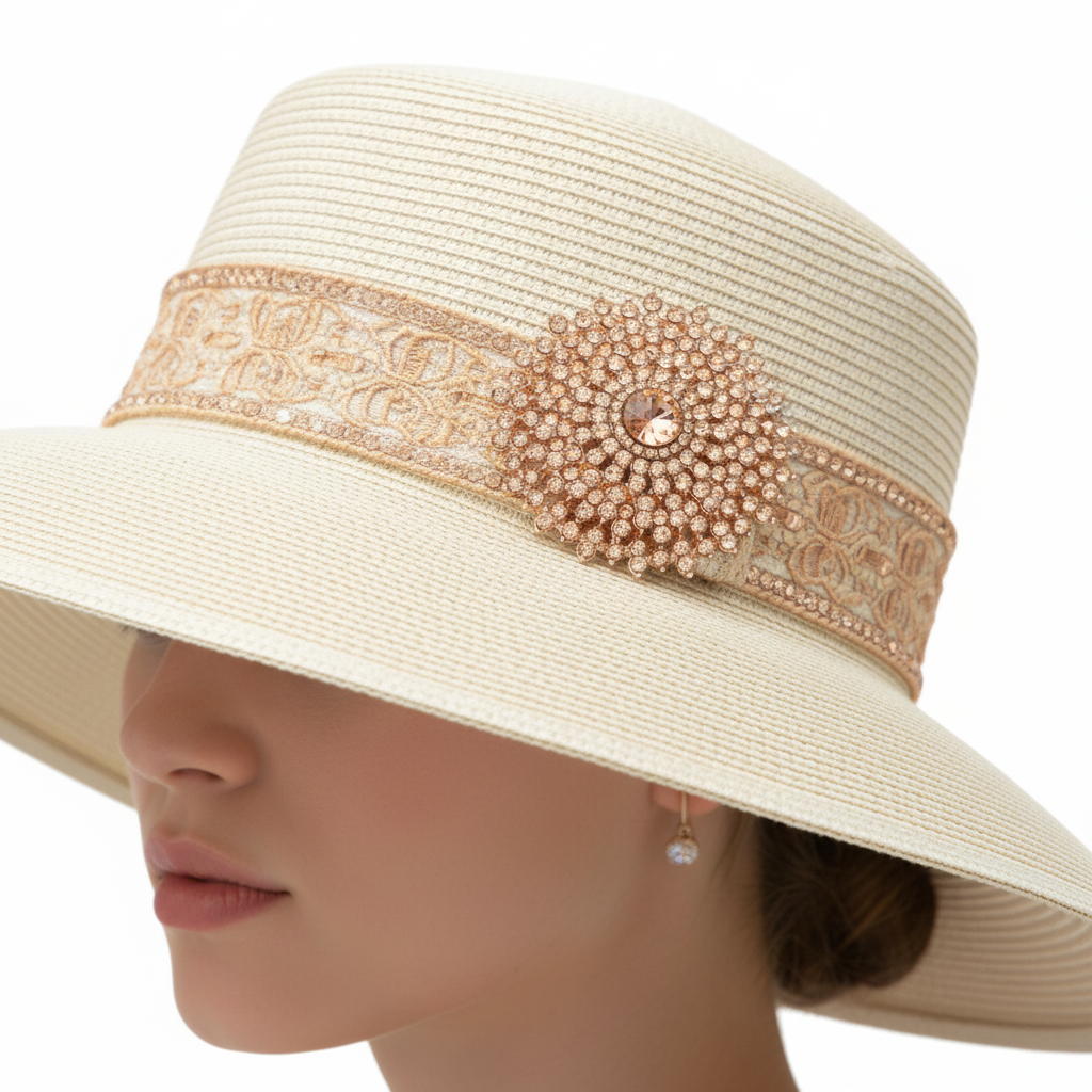Peach Gold Brooch Hat Detail