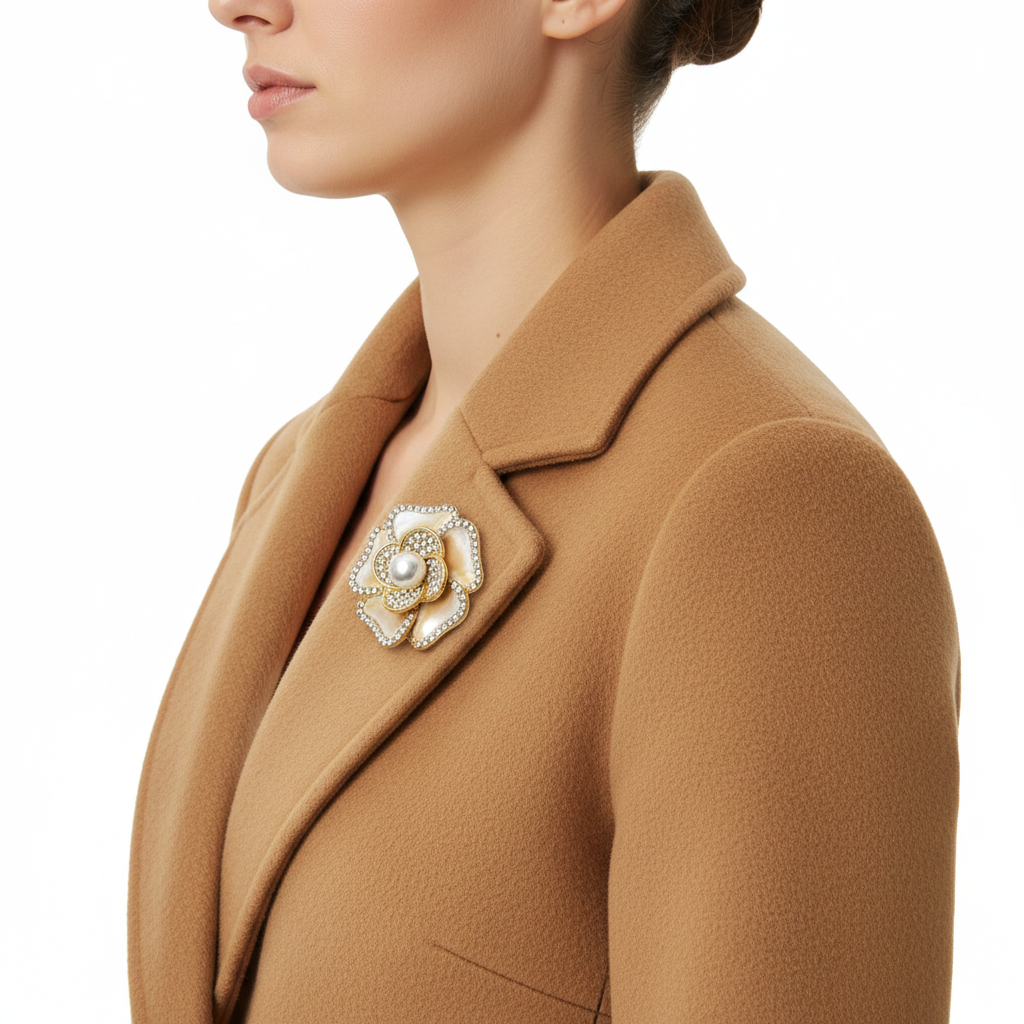 Pearl Rhinestone Brooch on Camel Coat