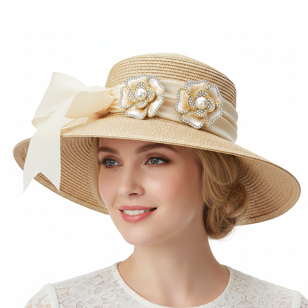 Pearl Rhinestone Brooches on Wide-Brim Hat