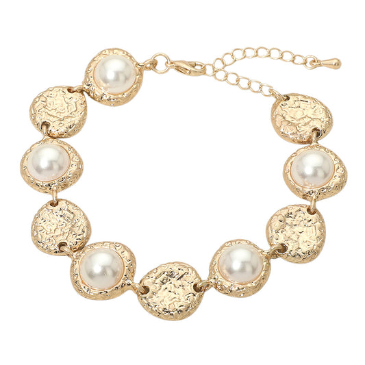 Gold Hammered Disc & Pearl Link Bracelet – Alternating Faux Pearl Statement Bracelet for Women