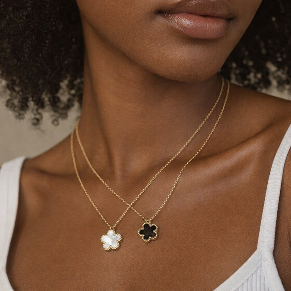 2-in-1 Set! Black & White Clover Flower Necklaces Gold Stainless Steel Jewelry