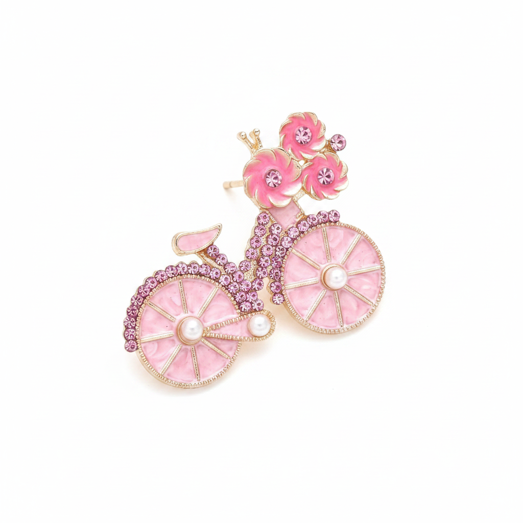 Pink Bicycle Earrings - Close-Up