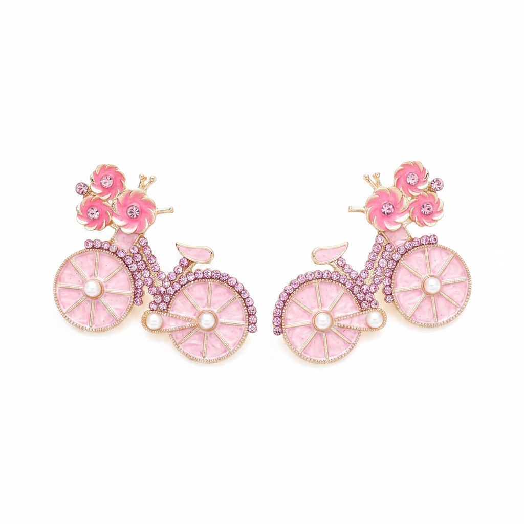 Pink Bicycle Earrings - Flat Lay
