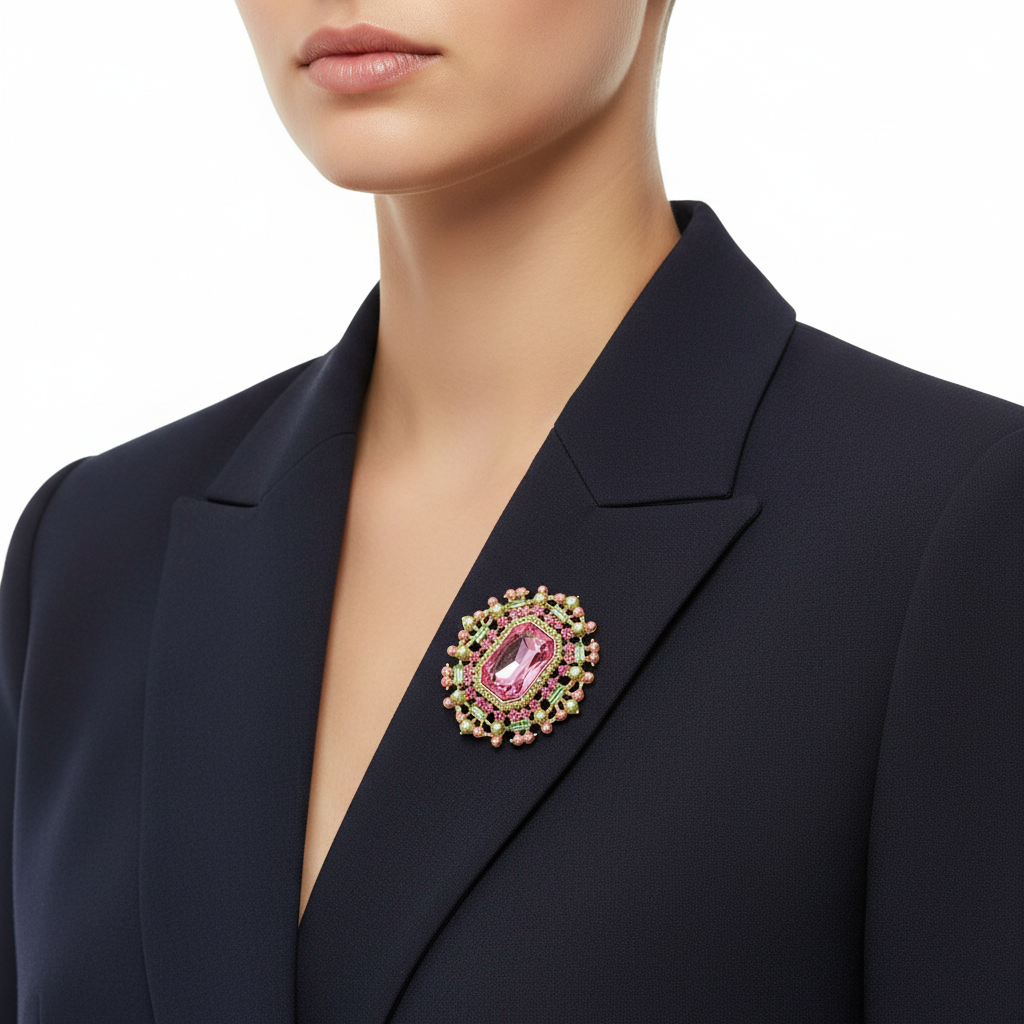 Pink brooch on navy blazer