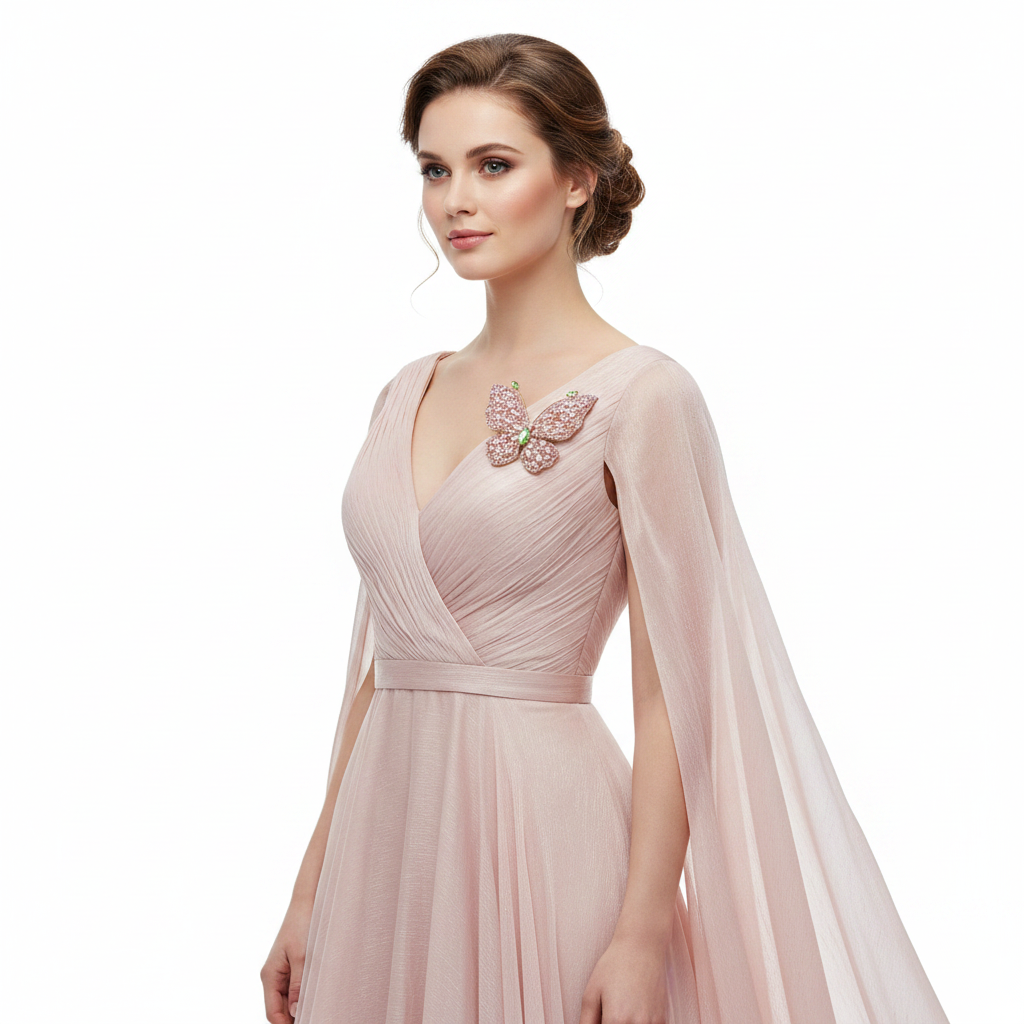 Pink Crystal Butterfly Brooch on Blush Evening Gown