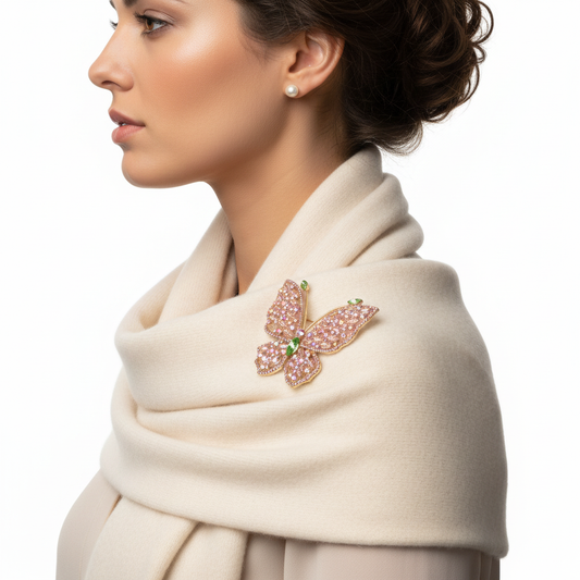 Pink Crystal Butterfly Brooch on Ivory Scarf