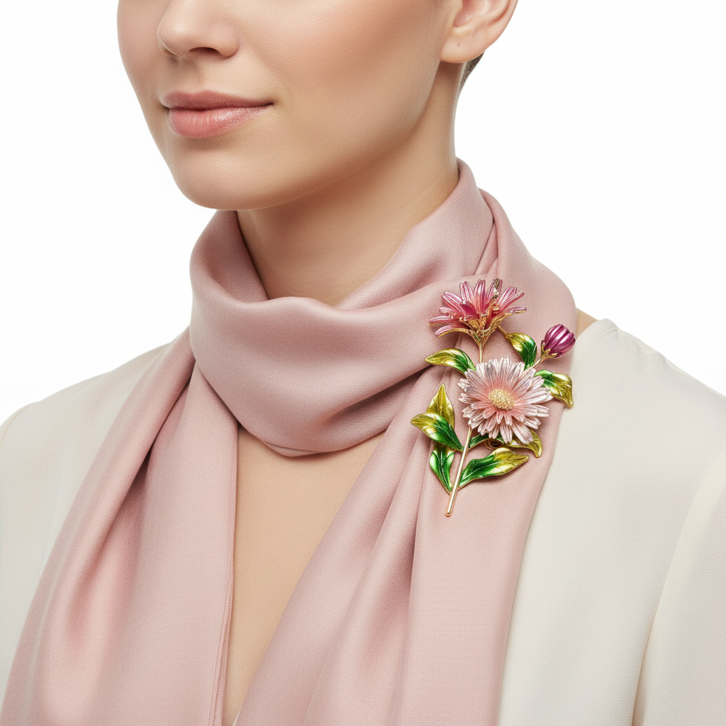 Pink Daisy Brooch as Scarf Pin
