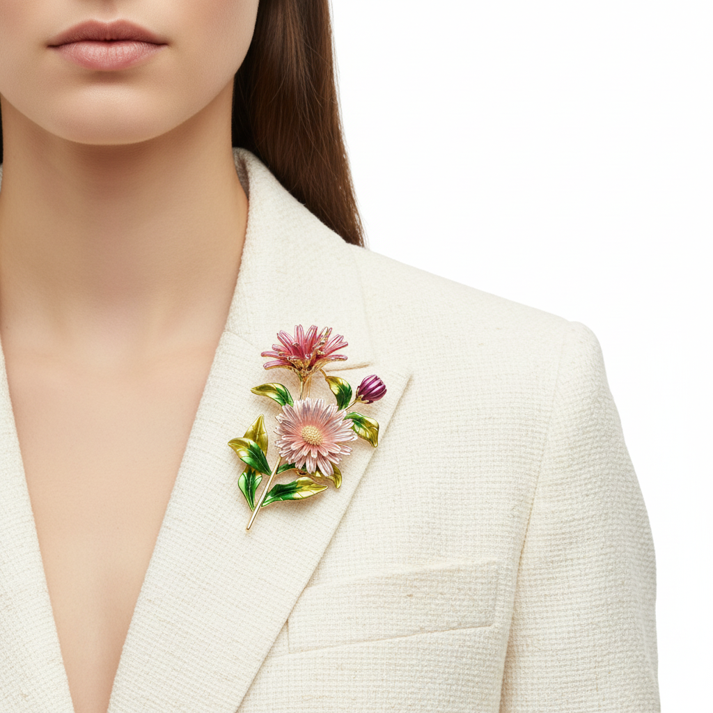 Pink Daisy Brooch on Cream Blazer