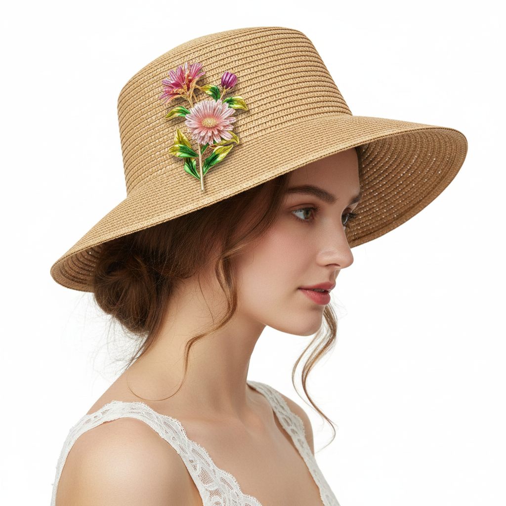 Pink Daisy Brooch on Straw Hat
