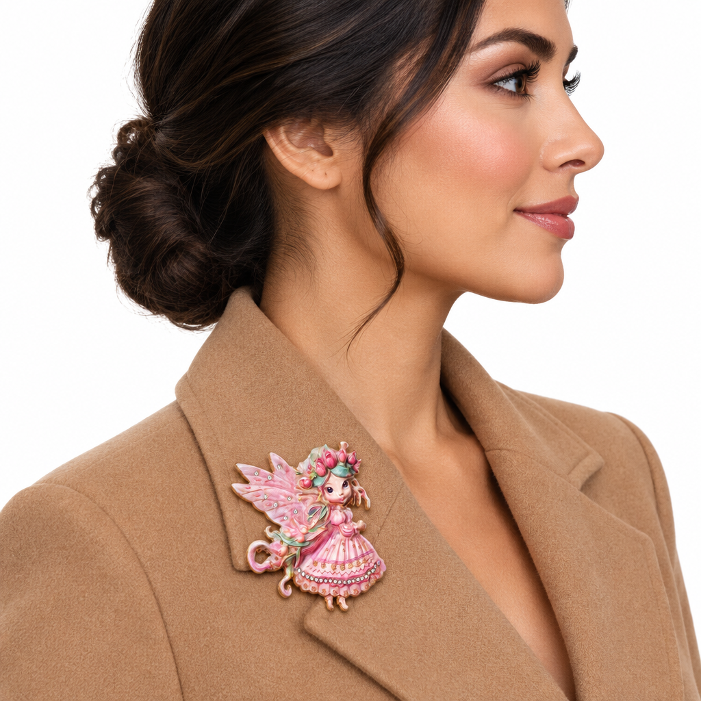 Pink fairy brooch on camel coat shoulder, side view
