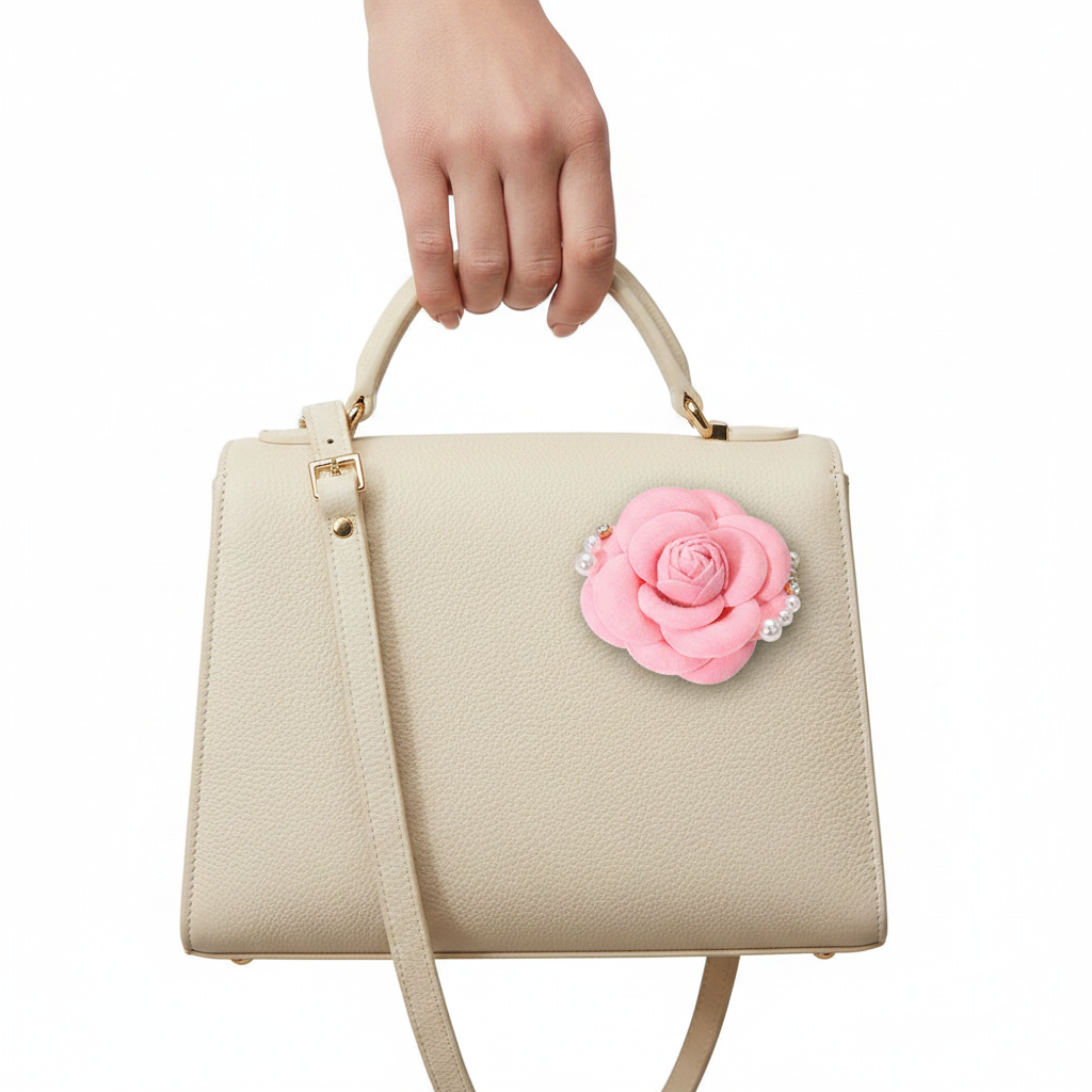 Pink Felt Rose Brooch on Handbag