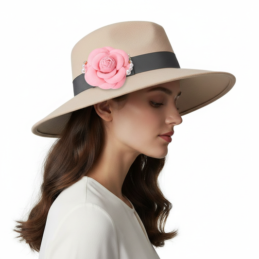Pink Felt Rose Brooch on Hat