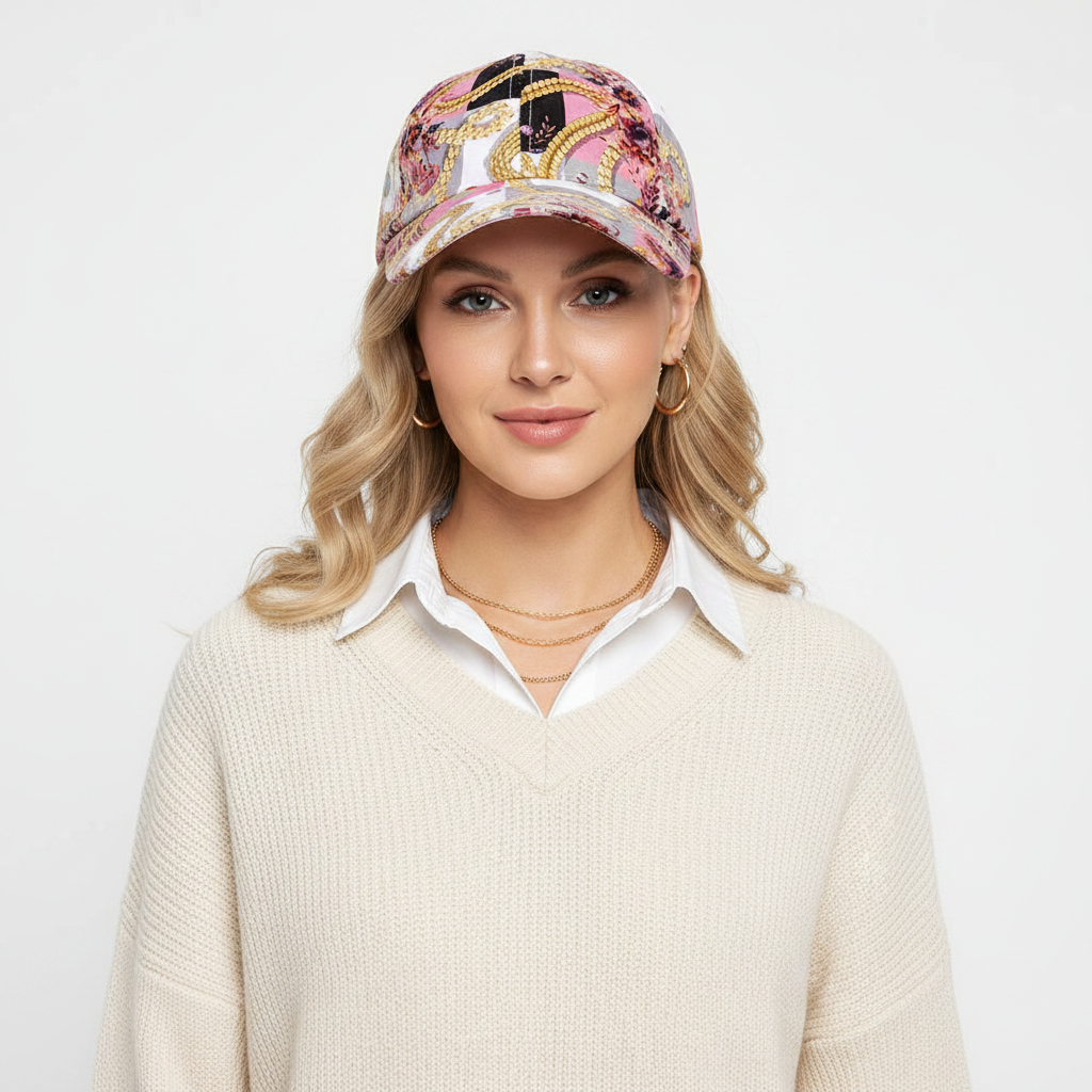 Pink Floral Chain Cap – Front