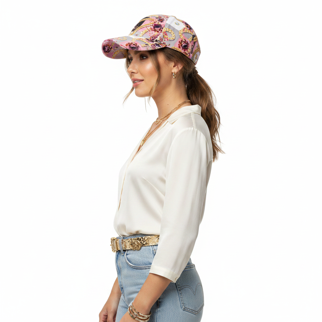 Pink Floral Chain Cap – Side