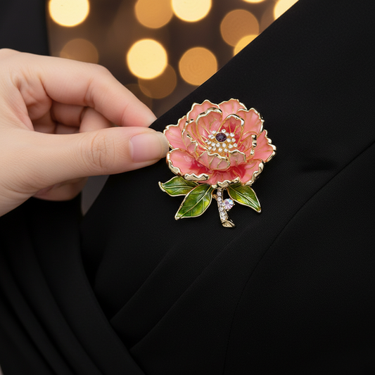 Pink Peony Brooch on Black Evening Dress