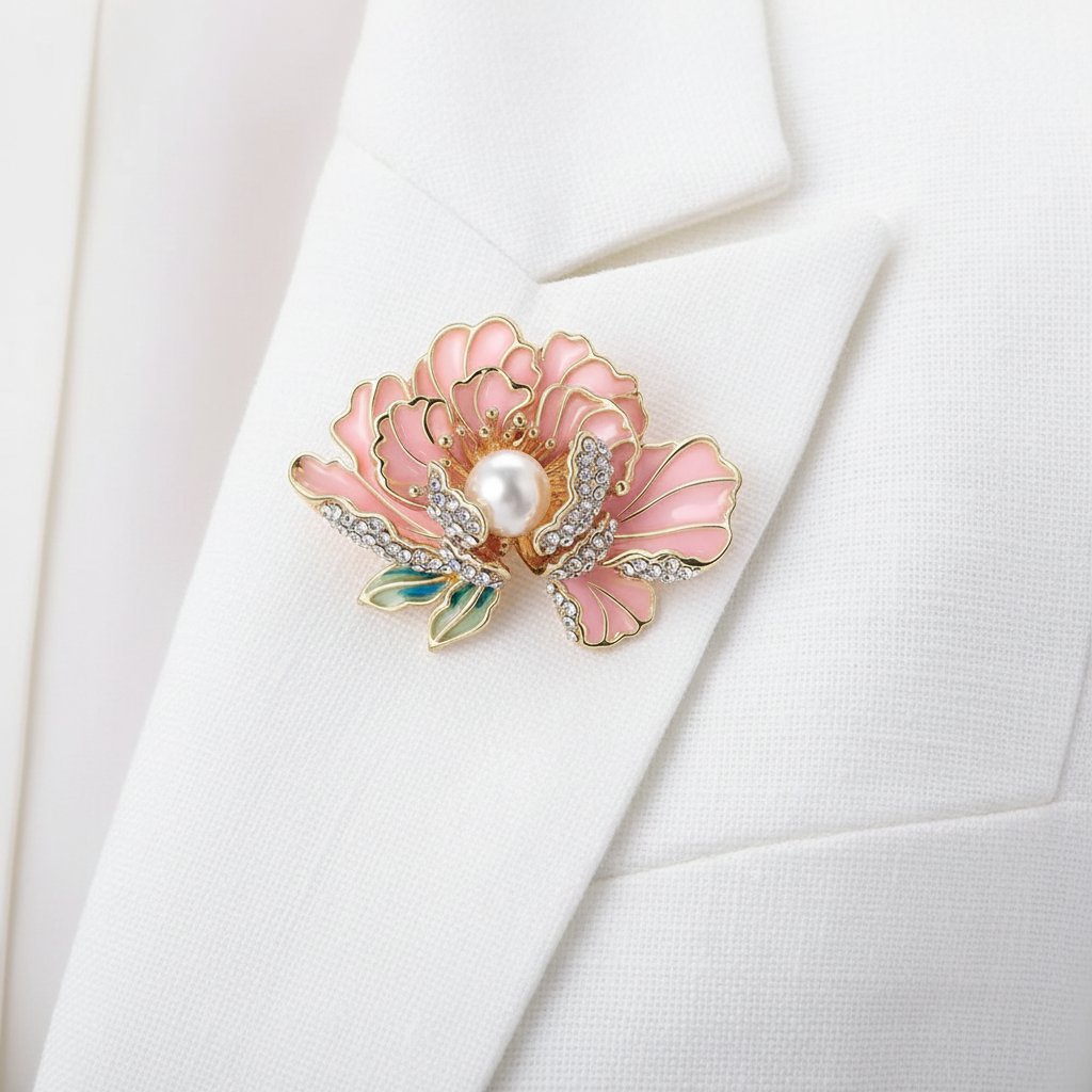 Pink Peony Brooch on White Blazer