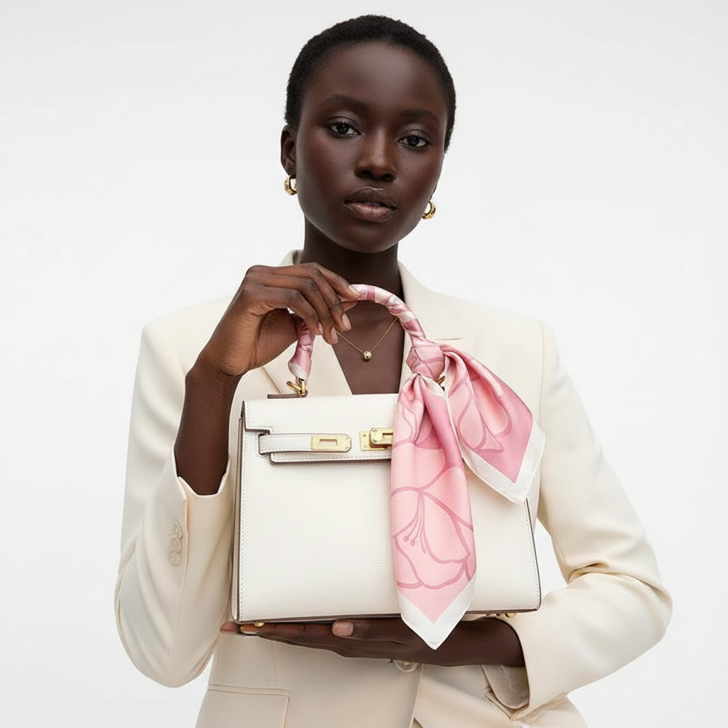 Pink scarf on handbag, front