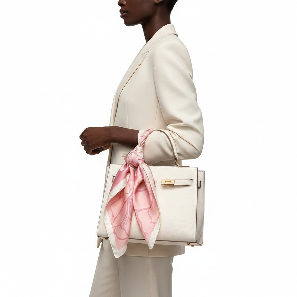 Pink scarf on handbag, side