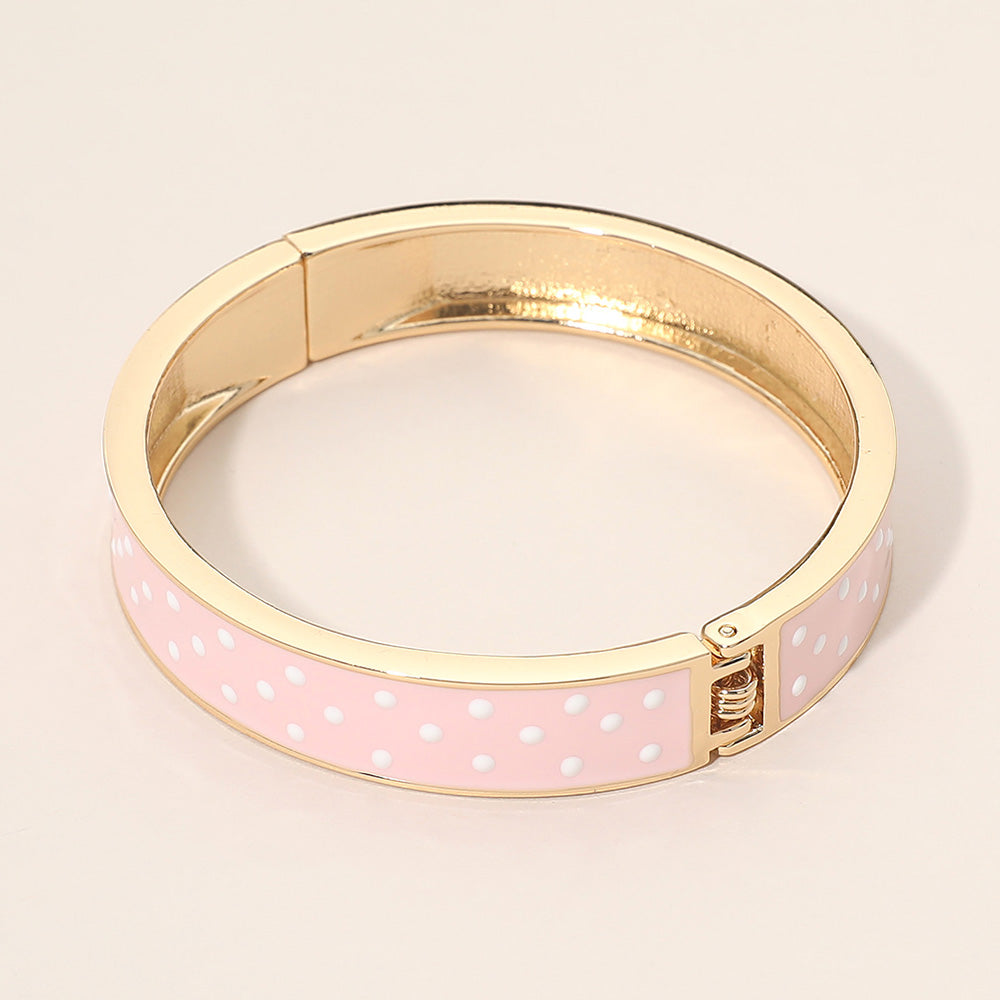 Gold and Pink Polka Dot Enamel Hinged Bangle Bracelet for Women Vintage Inspired Fashion Jewelry