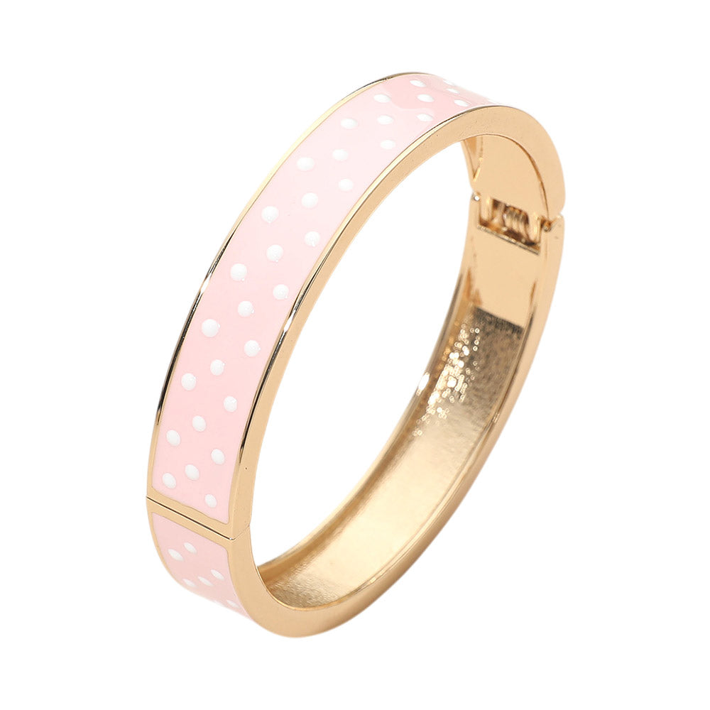 Gold and Pink Polka Dot Enamel Hinged Bangle Bracelet for Women Vintage Inspired Fashion Jewelry