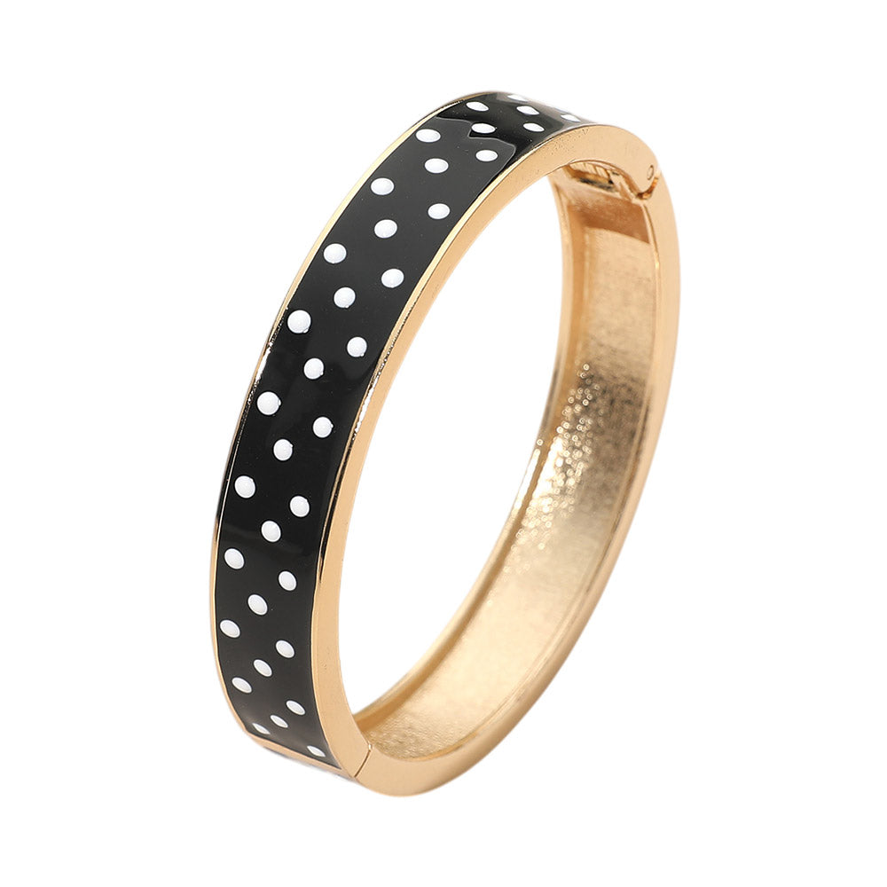 Black White Polka Dot Gold Plated Hinged Bangle Bracelet