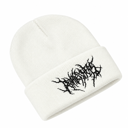 Product-only side shot of white gothic embroidered beanie