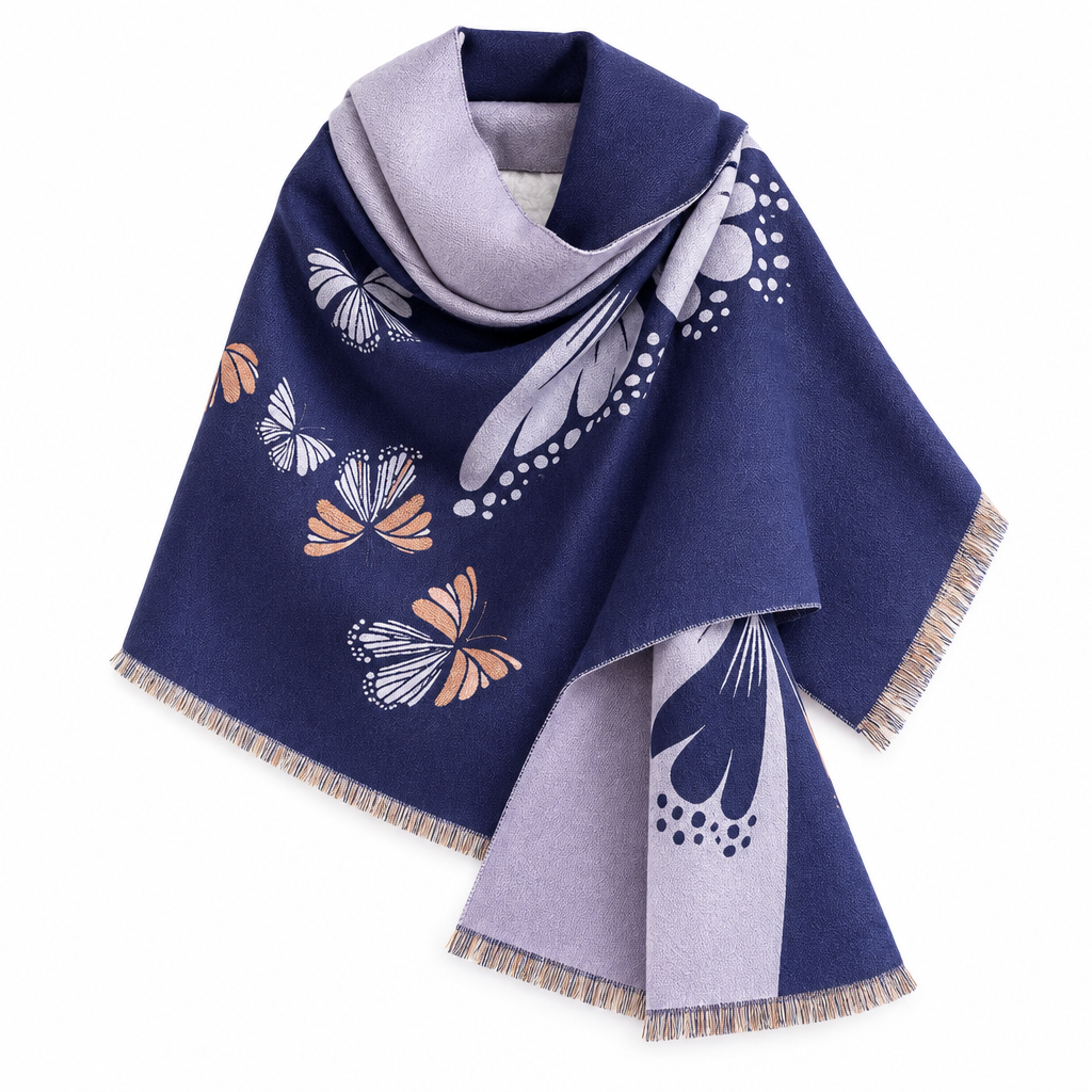 Product shot of the navy blue butterfly print scarf with lavender panel