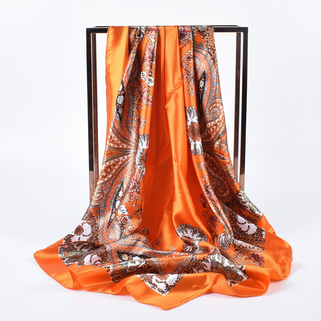 Orange paisley floral silk-feel square scarf draped on stand showing satin sheen and drape
