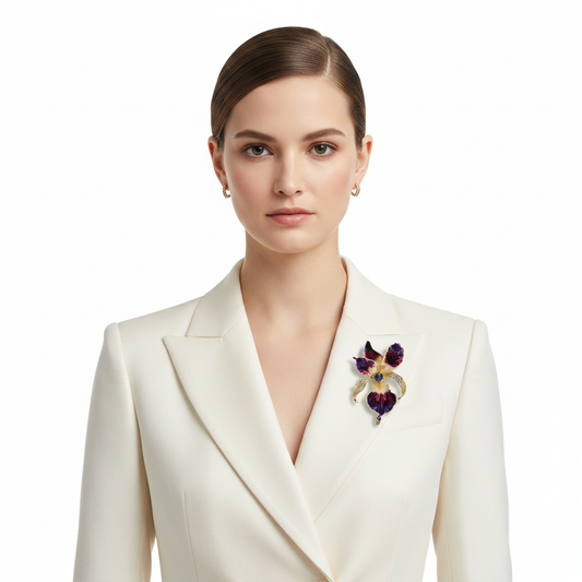 Purple Orchid Brooch – Front on Ivory Blazer