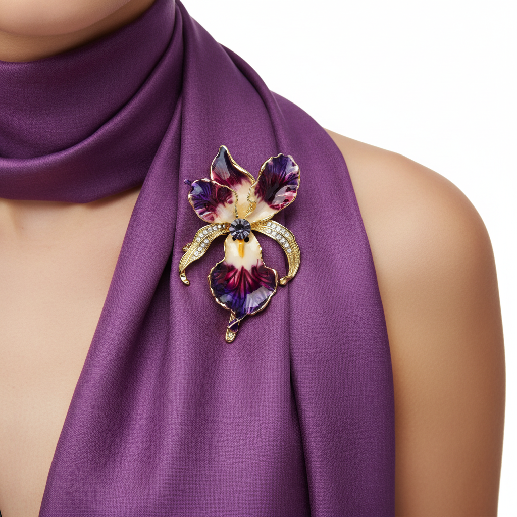 Purple Orchid Brooch – On Silk Scarf