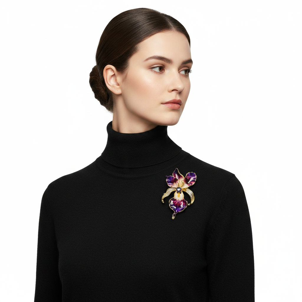 Purple Orchid Brooch – Side on Black Sweater