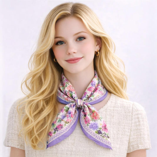 Purple Floral Garden Square Scarf Silky Neck Head Handbag Accessory