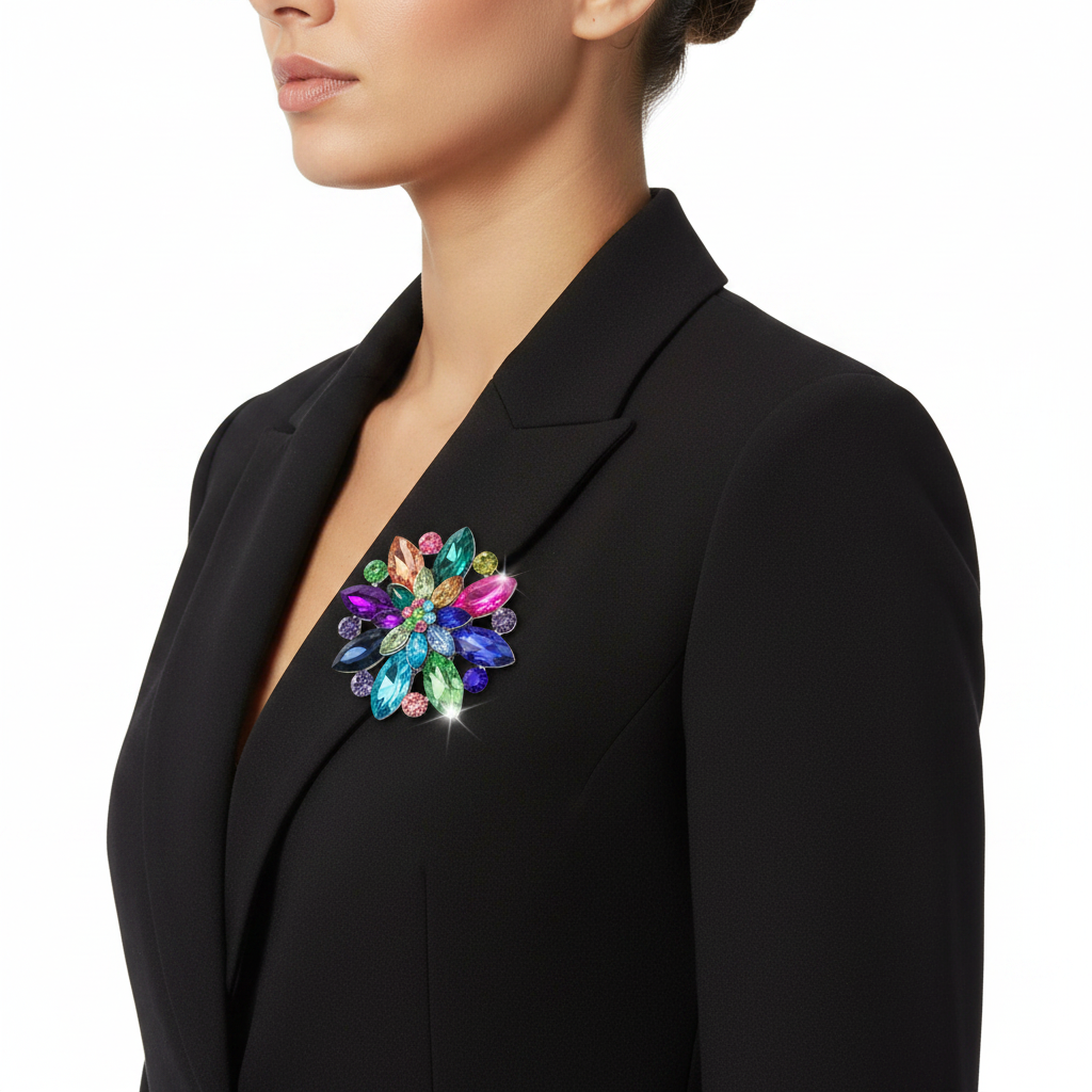 Rainbow Crystal Brooch – Black Blazer