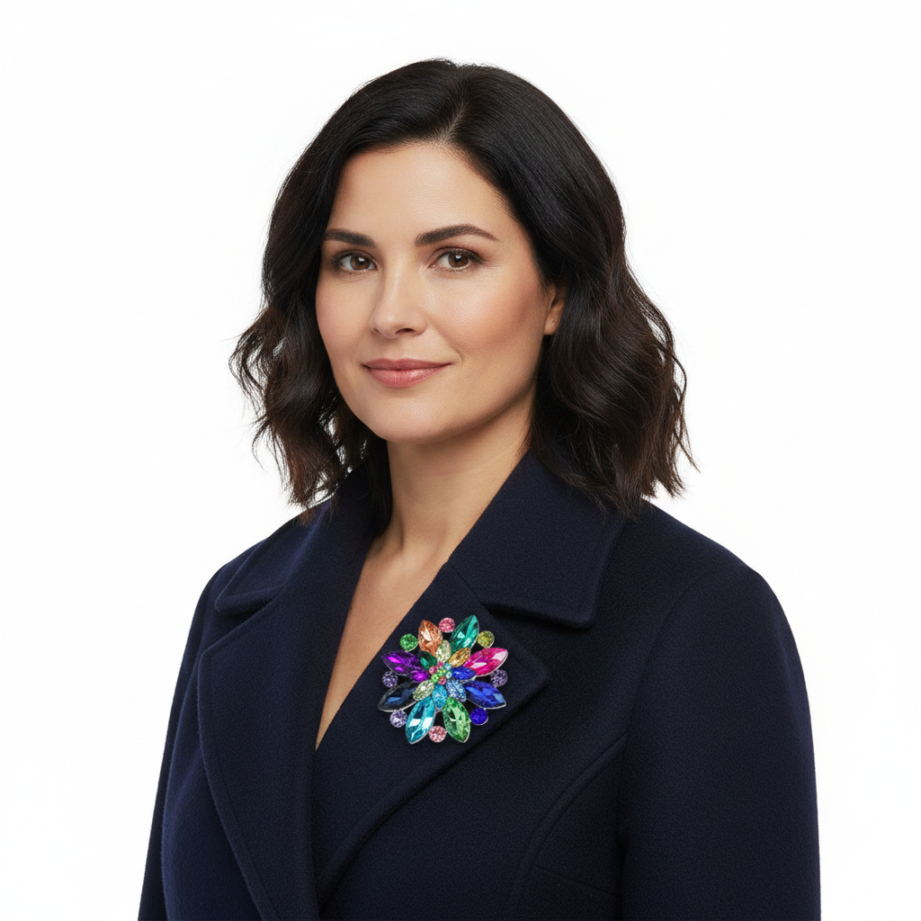 Rainbow Crystal Brooch – Navy Coat