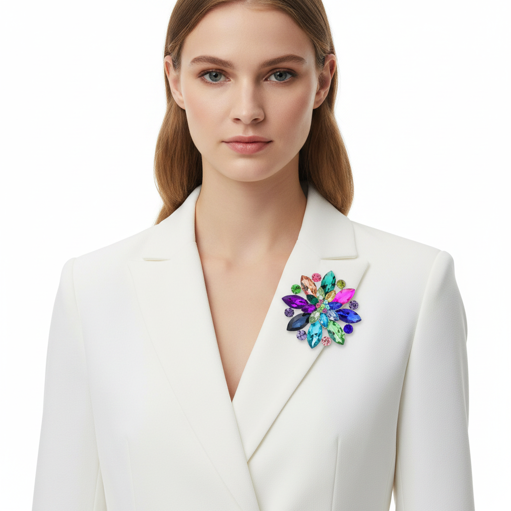 Rainbow Crystal Brooch – White Blazer
